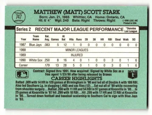 1991 Donruss #747 Matt Stark Chicago White Sox Baseball Cards NM Nea ID:61438 - Baseball Card Single