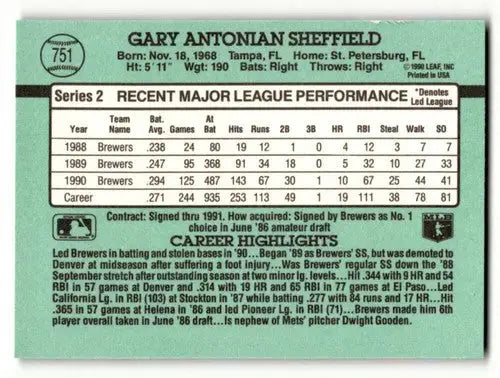 Original gloss of Gary Sheffield Milwaukee Brewers baseball card with career stats and highlights