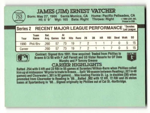 1991 Donruss #753 Jim Vatcher Atlanta Braves Baseball Cards EX/NM ID:57711 - Baseball Card Single