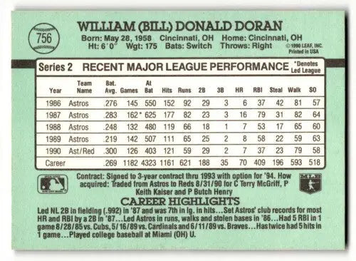 Original gloss Bill Doran Reds baseball card from 1991 Donruss Cincinnati Reds collection