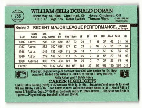 1991 Donruss #756 Bill Doran Cincinnati Reds Baseball Cards NM Near ID:61436 - Baseball Card Single