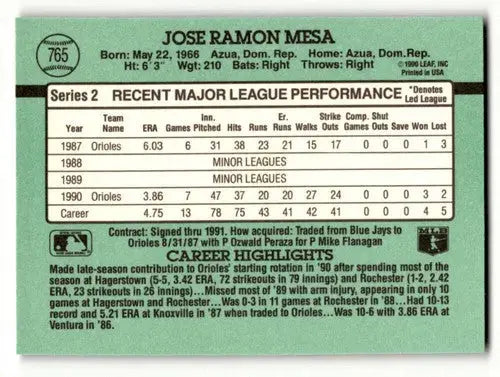 1991 Donruss #765 Jose Mesa Baltimore Orioles Baseball Cards NM Near ID:61460 - Baseball Card Single