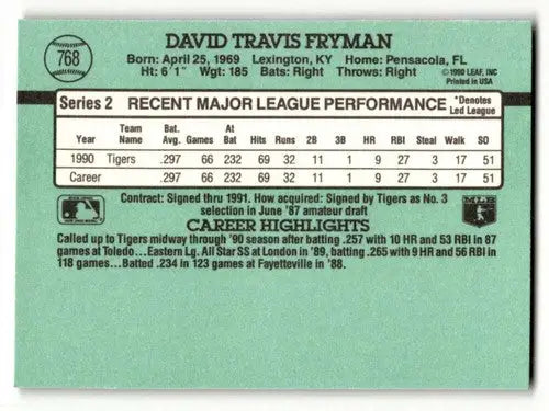 1991 Donruss #768 Travis Fryman Detroit Tigers Baseball Cards NM Nea ID:61434 - Baseball Card Single