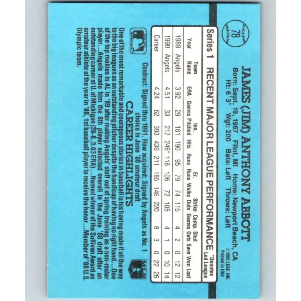 1991 Donruss #78 Jim Abbott NM-MT California Angels Baseball Card - Baseball Card Single