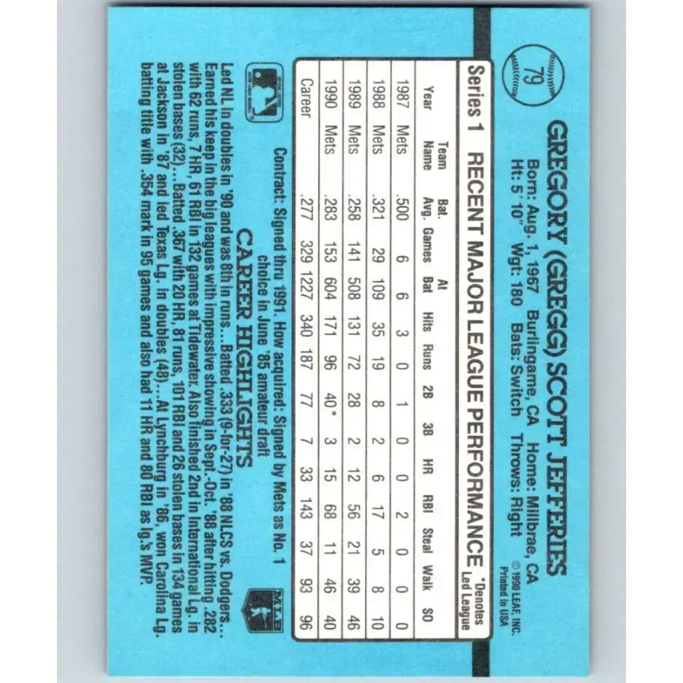 1991 Donruss #79 Gregg Jefferies NM-MT New York Mets Baseball Card - Baseball Card Single