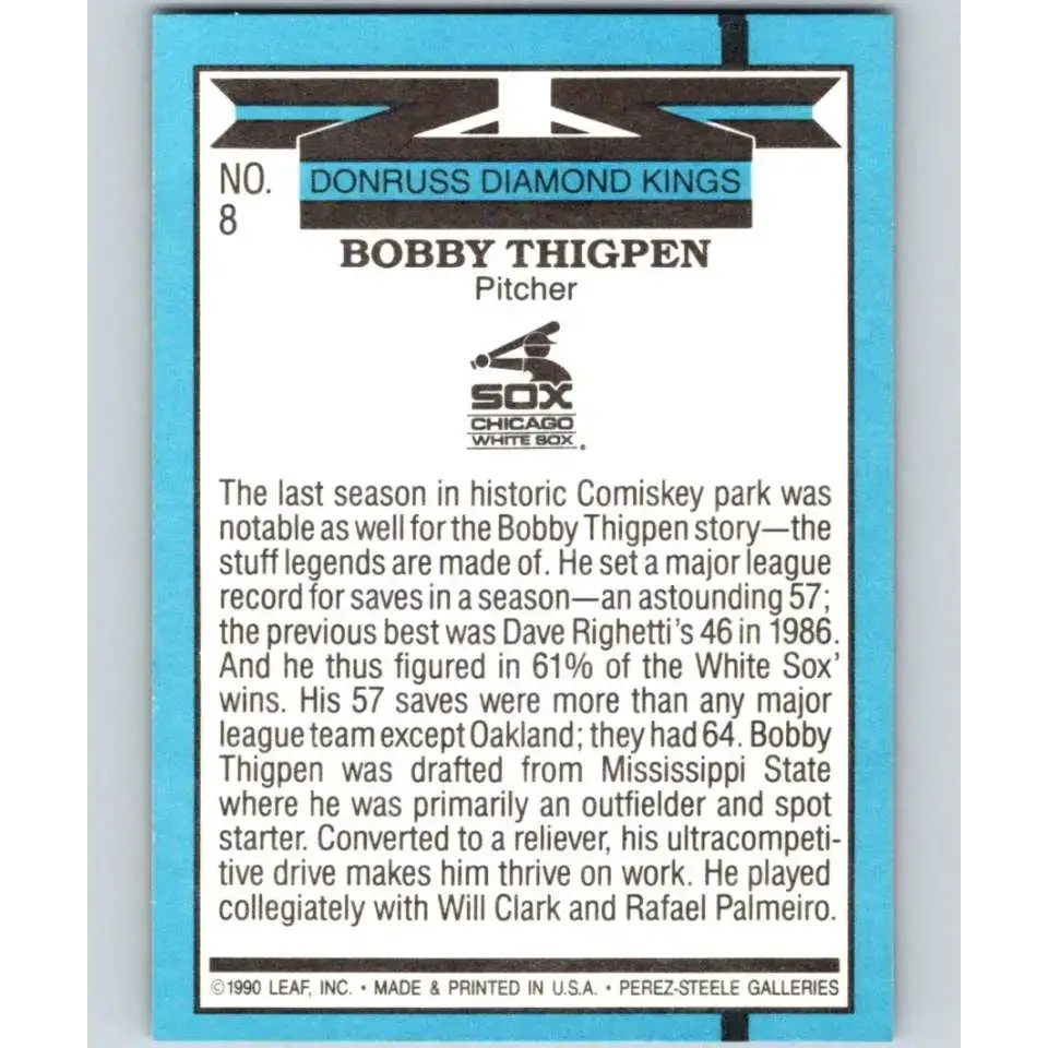 1991 Donruss #8 Bobby Thigpen DK NM-MT Chicago White Sox Baseball Card - Baseball Card Single
