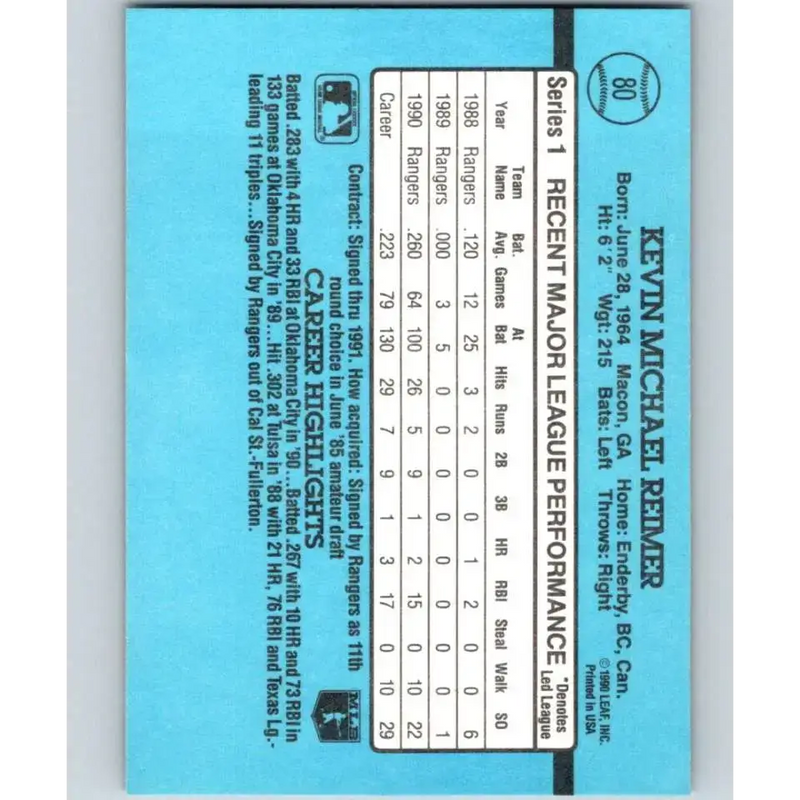 1991 Donruss #80 Kevin Reimer NM-MT Texas Rangers Baseball Card - Baseball Card Single