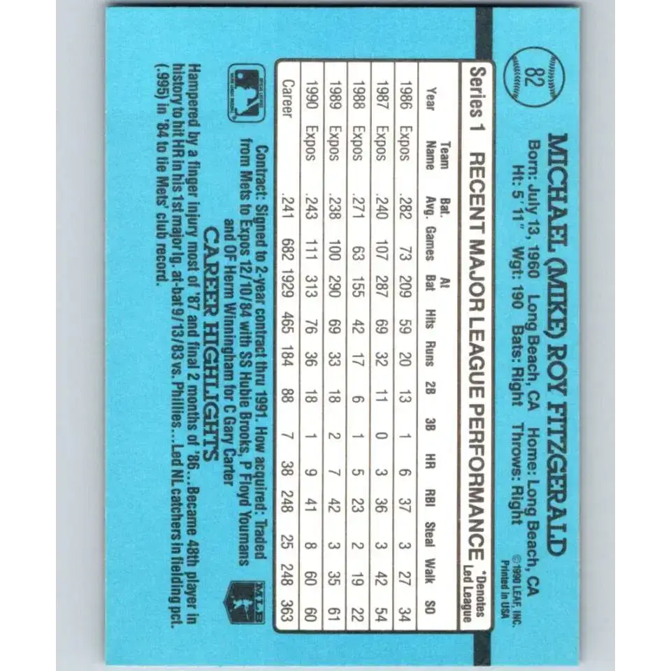 1991 Donruss #82 Mike Fitzgerald NM-MT Montreal Expos Baseball Card - Baseball Card Single