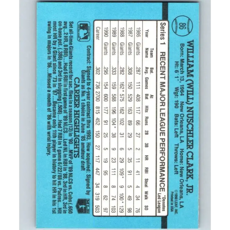 1991 Donruss #86 Will Clark NM-MT San Francisco Giants Baseball Card - Baseball Card Single