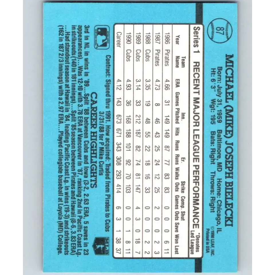 1991 Donruss #87 Mike Bielecki NM-MT Chicago Cubs Baseball Card - Baseball Card Single