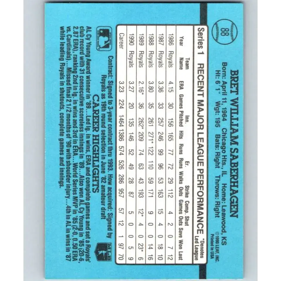 1991 Donruss #88 Bret Saberhagen NM-MT Kansas City Royals Baseball Card - Baseball Card Single