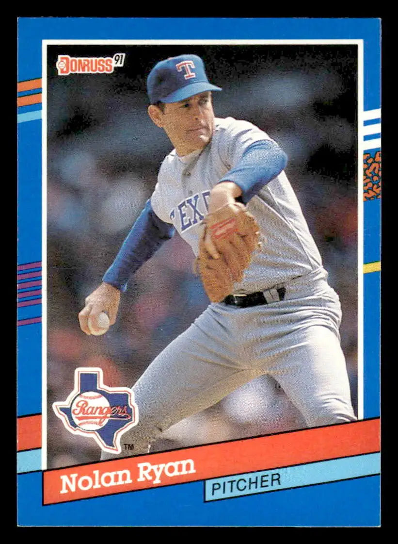 1991 Donruss Nolan Ryan baseball card featuring Nolan Ryan pitching for Texas Rangers