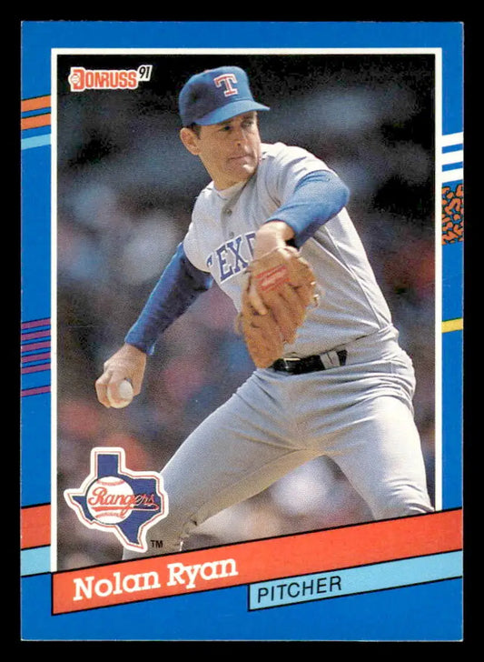1991 Donruss Nolan Ryan baseball card featuring Nolan Ryan pitching for Texas Rangers
