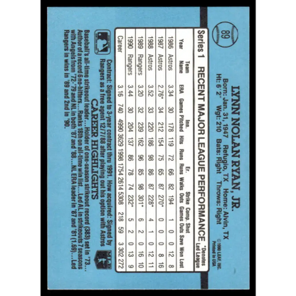 1991 Donruss #89 Nolan Ryan EX/NM Texas Rangers Baseball Card