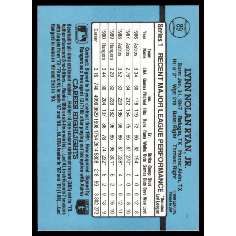 1991 Donruss #89 Nolan Ryan EX/NM Texas Rangers Baseball Card - Baseball Card Single