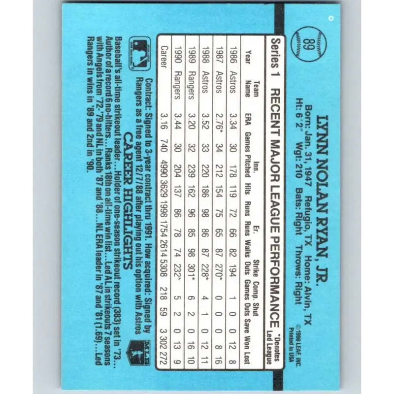 1991 Donruss #89 Nolan Ryan NM-MT Texas Rangers Baseball Card - Baseball Card Single