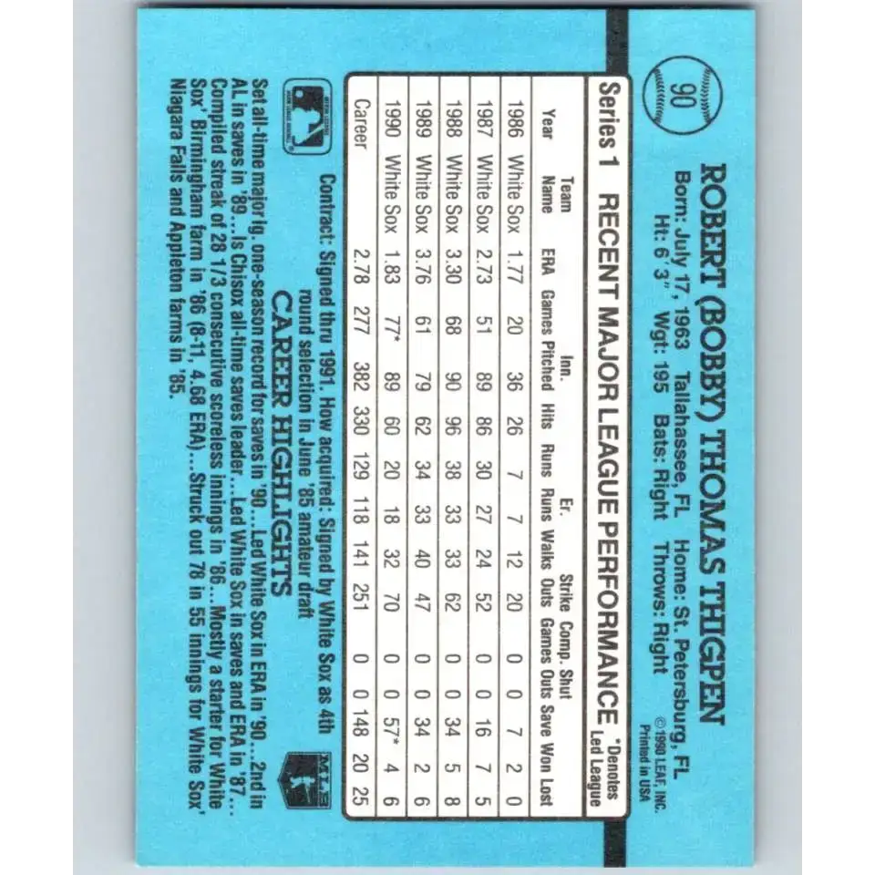 1991 Donruss #90 Bobby Thigpen NM-MT Chicago White Sox Baseball Card - Baseball Card Single