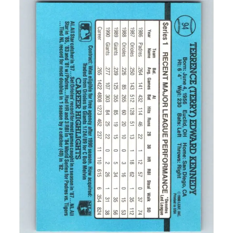 1991 Donruss #94 Terry Kennedy NM-MT San Francisco Giants Baseball Card - Baseball Card Single