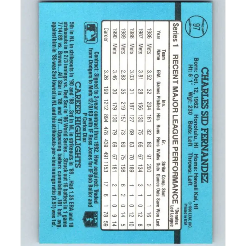 1991 Donruss #97 Sid Fernandez NM-MT New York Mets Baseball Card - Baseball Card Single