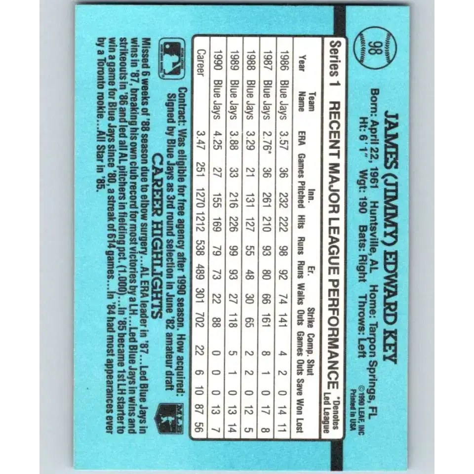 1991 Donruss #98 Jimmy Key NM-MT Toronto Blue Jays Baseball Card - Baseball Card Single