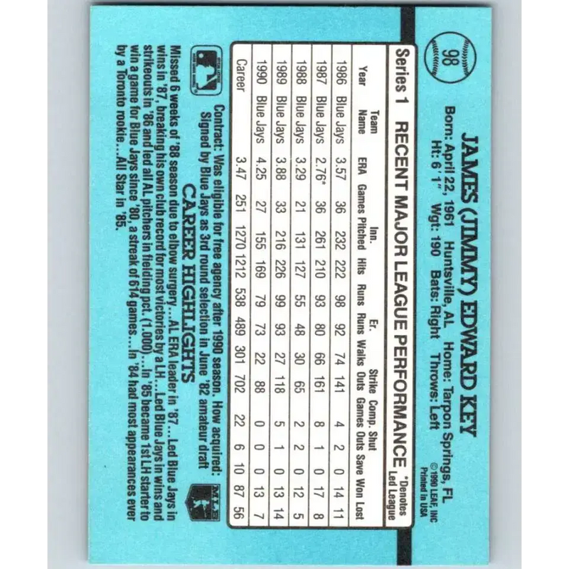 1991 Donruss #98 Jimmy Key NM-MT Toronto Blue Jays Baseball Card - Baseball Card Single