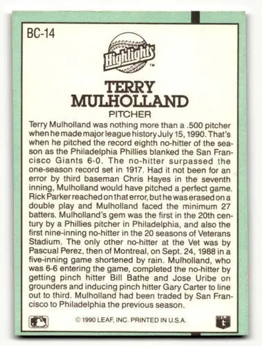 Baseball card back featuring Terry Mulholland Philadelphia Phillies 1991 Donruss #BC-14