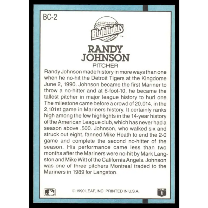 1991 Donruss #BC-2 Randy Johnson EX/NM Seattle Mariners Baseball Card - Baseball Card Single