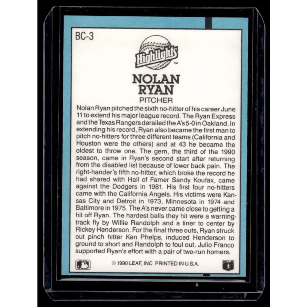 1991 Donruss #BC-3a Nolan Ryan Texas Rangers NM-MT Baseball Card - Baseball Card Single