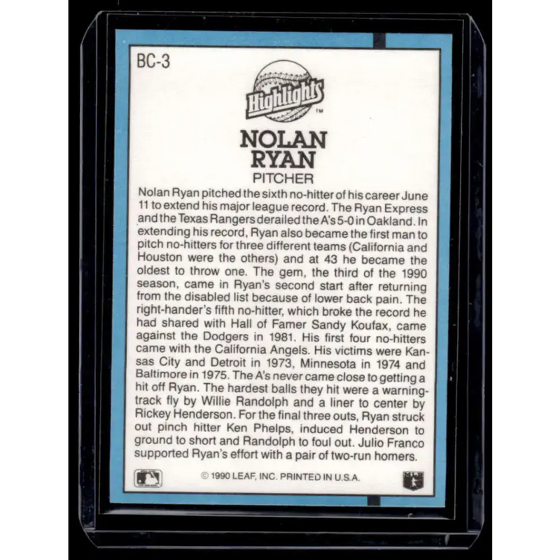 1991 Donruss #BC-3a Nolan Ryan Texas Rangers NM-MT Baseball Card - Baseball Card Single