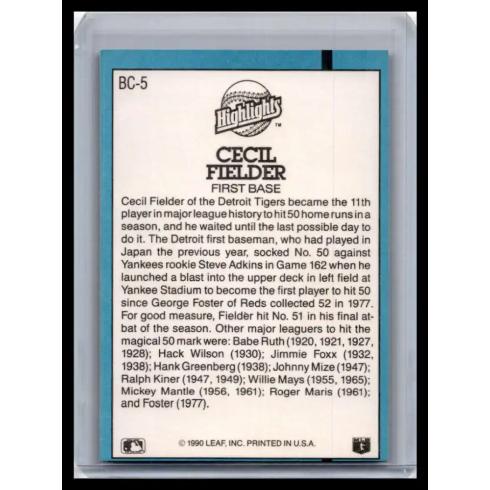 1991 Donruss #BC-5b Cecil Fielder NM-MT Detroit Tigers Baseball Card - Baseball Card Single