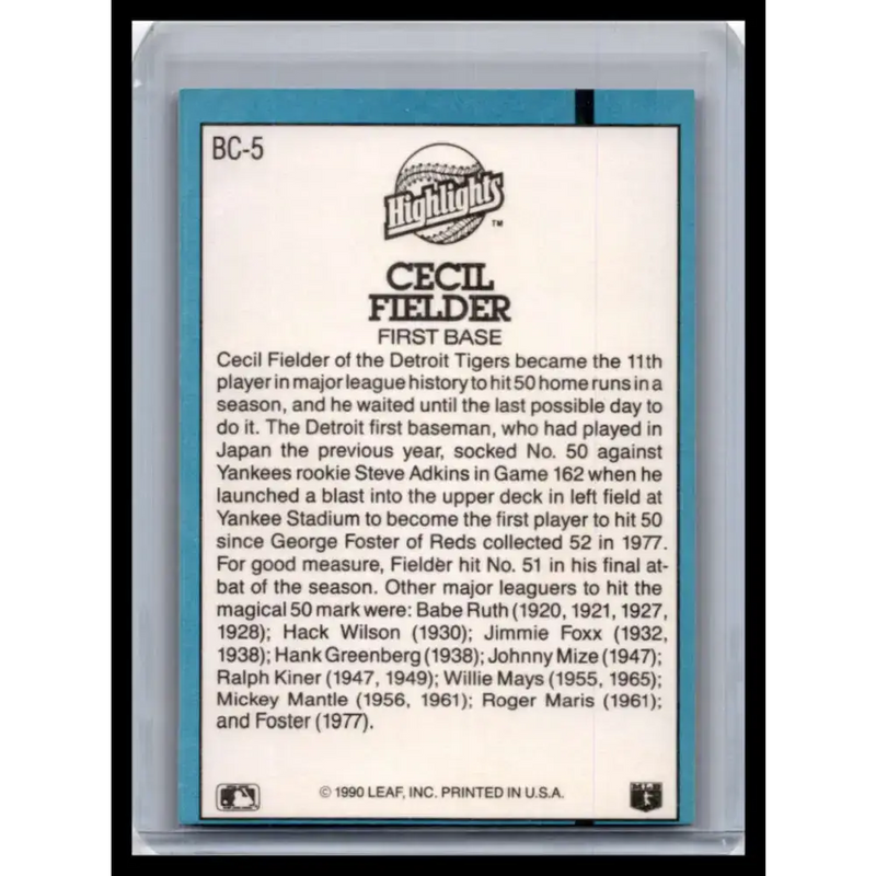 1991 Donruss #BC-5b Cecil Fielder NM-MT Detroit Tigers Baseball Card - Baseball Card Single