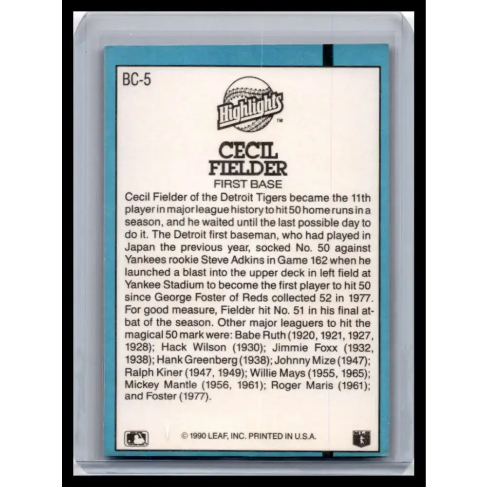 1991 Donruss #BC-5b Cecil Fielder NM-MT Detroit Tigers Baseball Card - Baseball Card Single