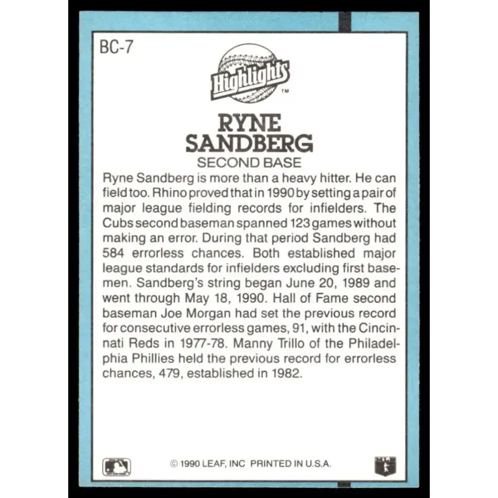 1991 Donruss #BC-7a Ryne Sandberg EX Chicago Cubs Baseball Card - Baseball Card Single