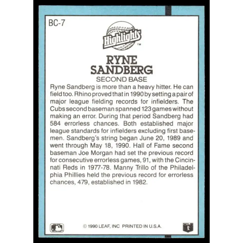 1991 Donruss #BC-7a Ryne Sandberg EX Chicago Cubs Baseball Card - Baseball Card Single