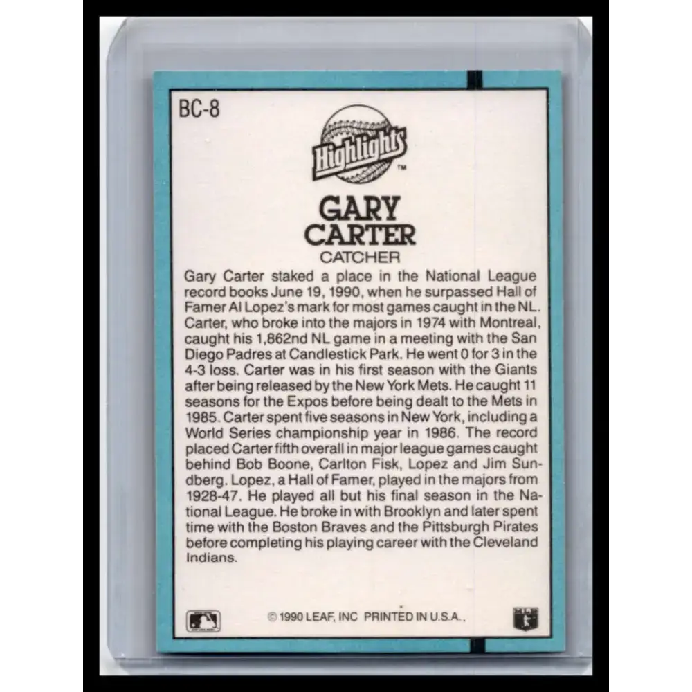1991 Donruss #BC-8b Gary Carter NM-MT San Francisco Giants Baseball Card - Baseball Card Single