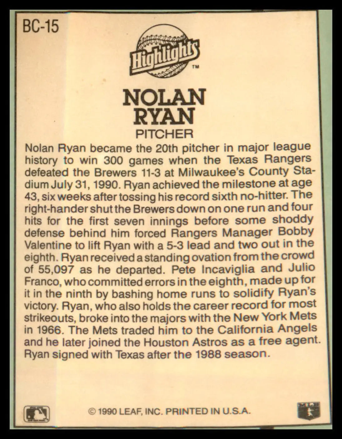 1991 Donruss Bonus Cards 300th Win #BC-15 Nolan Ryan - Baseball Card Single