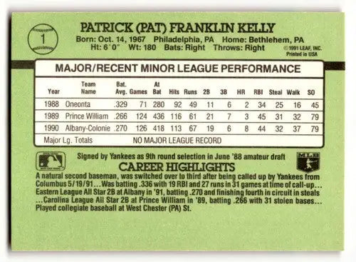 Original gloss Pat Kelly New York Yankees baseball card from 1991 Donruss The Rookies