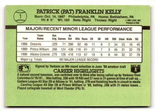 Baseball card back of Pat Kelly from 1991 Donruss The Rookies with original gloss
