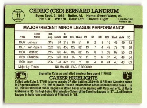 Cedric Landrum baseball card from 1991 Donruss The Rookies, Chicago Cubs player
