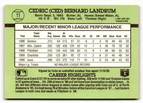 Baseball card back featuring Ced Landrum with original gloss in Ced Landrum NRMT-MT condition