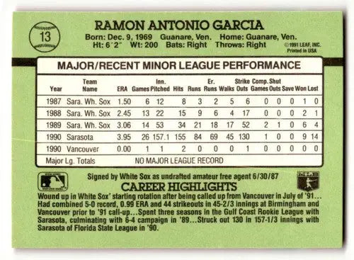 Baseball card back of Ramon Garcia White Sox 1991 Donruss The Rookies with original gloss