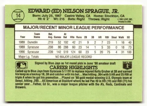 Edward Nelson Sprague Jr. baseball card from 1991 Donruss The Rookies, sprague nrmt-mt