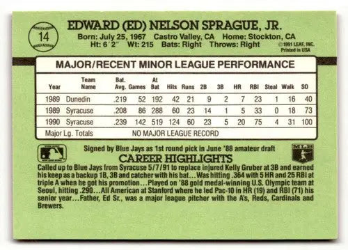 Baseball card back featuring Ed Sprague Toronto Blue Jays rookie 1991 Donruss