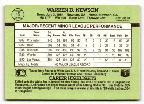 1991 Donruss The Rookies #15 Warren Newson NrMt-Mt ID:50914 - Baseball Card Single