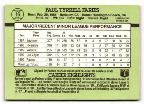 Original gloss Paul Faries baseball card from 1991 Donruss The Rookies set