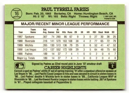 1991 Donruss The Rookies #16 Paul Faries San Diego Padres Baseball C ID:52403 - Baseball Card Single