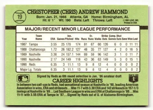Baseball card back featuring Chris Hammond’s 1991 Donruss The Rookies with original gloss