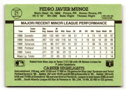 Pedro Munoz baseball card from 1991 Donruss The Rookies featuring Minnesota Twins with original gloss