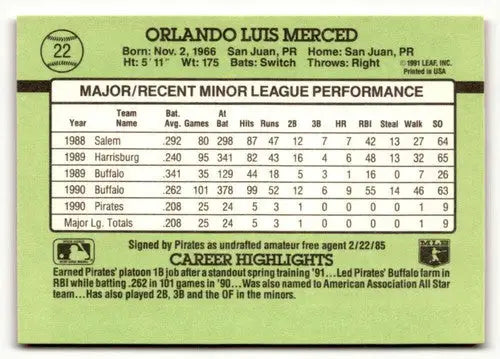1991 Donruss The Rookies #22 Orlando Merced NrMt-Mt ID:50921 - Baseball Card Single