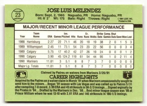 Original gloss Jose Melendez baseball card from 1991 Donruss The Rookies collection